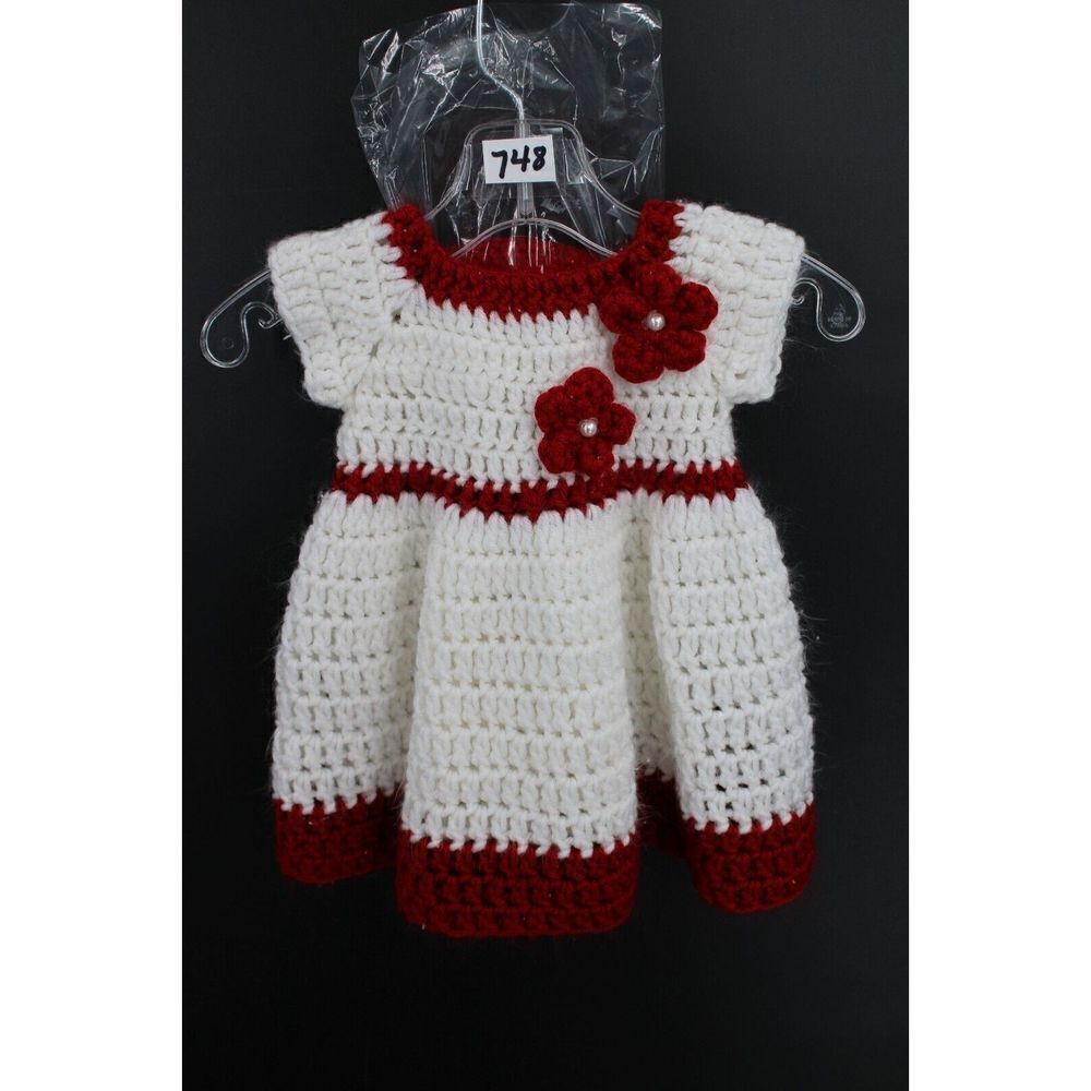 Crochet Red White  Baby Girls 3/6m Dress Soft & Beautiful